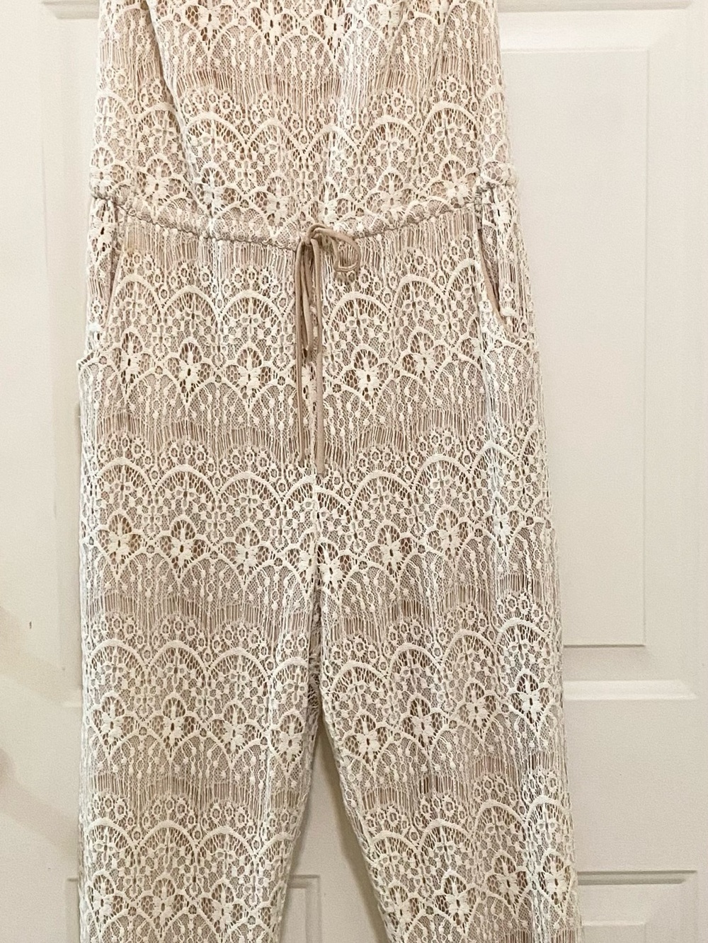 Beige Crochet Lace Jumpsuit with Drawstring Waist